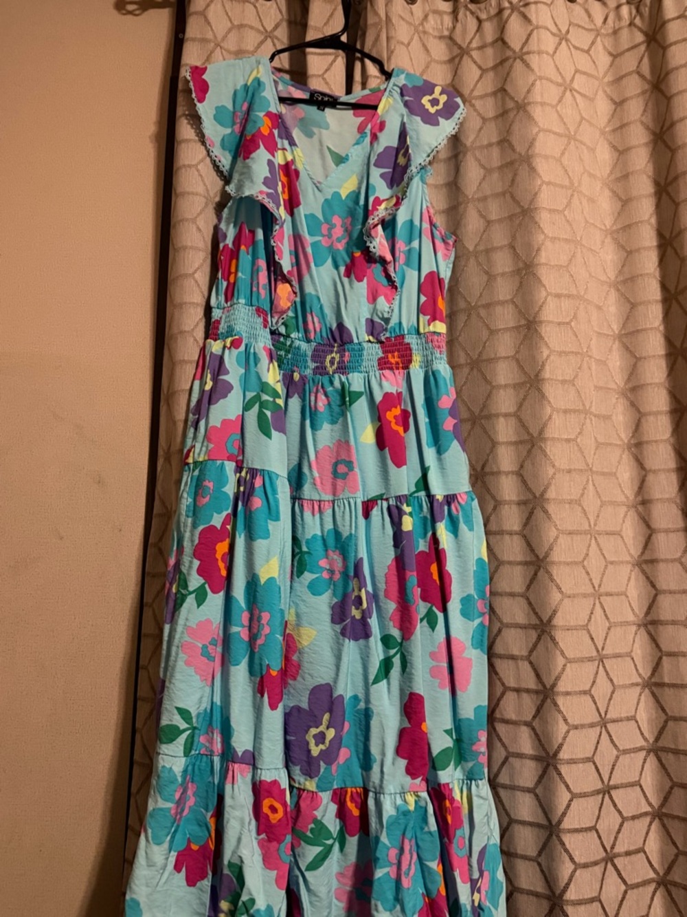Women. Teal Floral Maxi Dress with Ruffle Shoulders